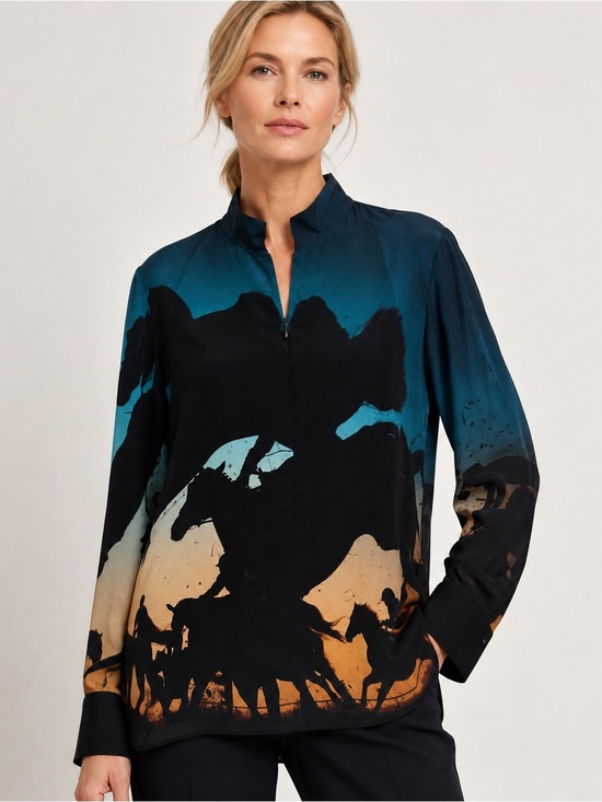 Akris Tops - Akris Women Shirt Sz 8 Silk Crepe Tunic Hidden Zip Equestrian Horse Rider Print